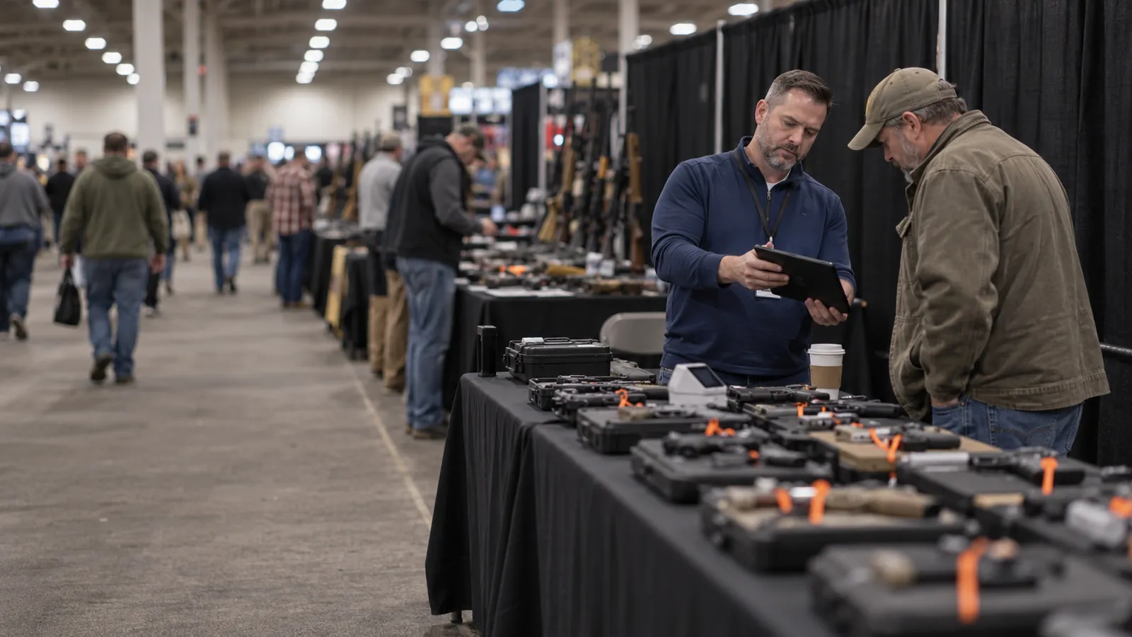A dealer showing a customer something on a tablet at his table at a busy gun show