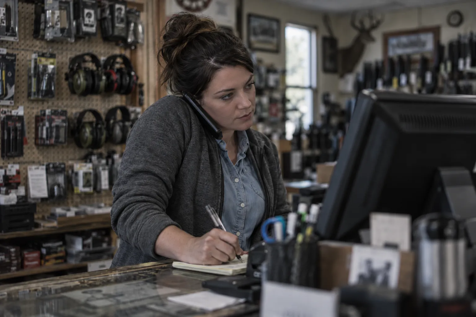 An FFL dealer at the shop counter taking a customer call and writing down a question