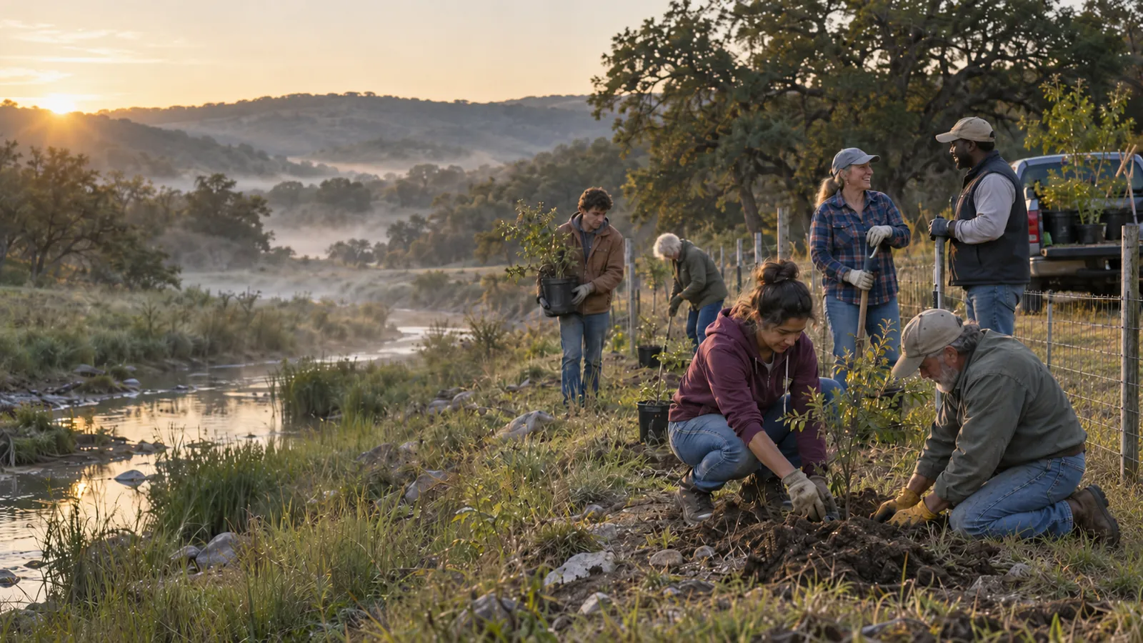Volunteers planting native trees along a creek at sunrise in the hill country