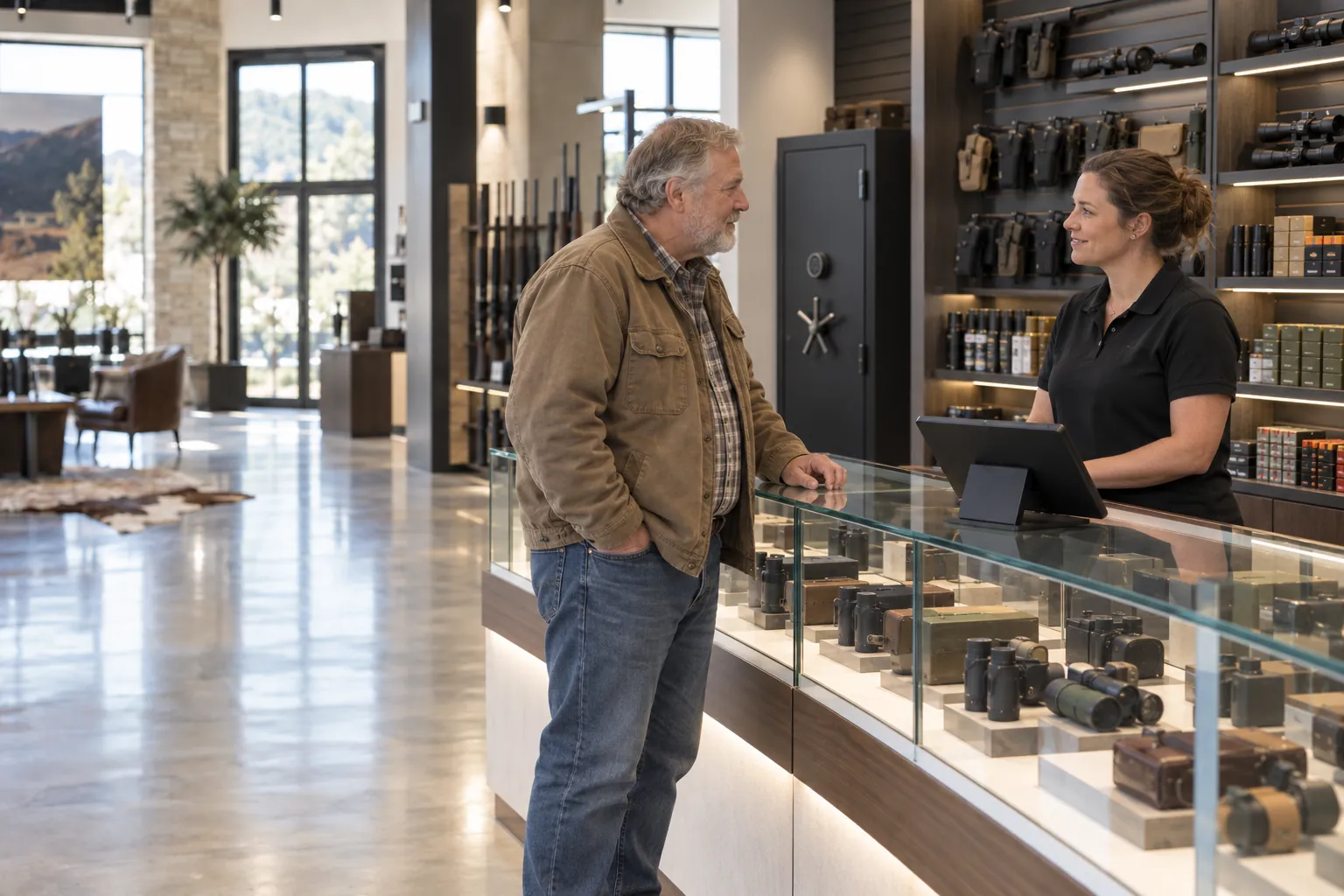 A staff member talking with a customer across a glass counter in a bright, modern gun store
