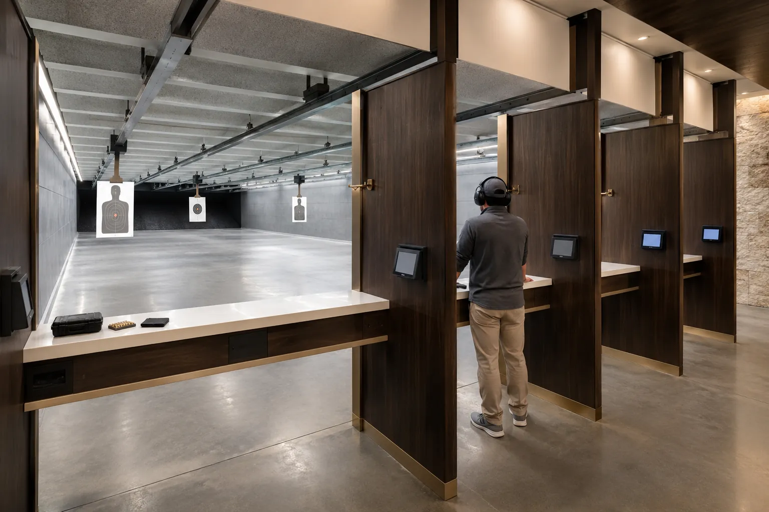 A member in ear protection at a walnut shooting stall in a modern indoor range
