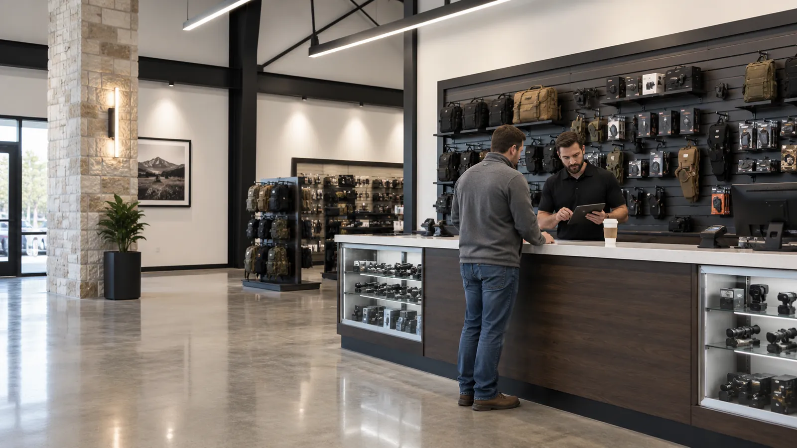 A staff member showing a customer something on a tablet at the counter of a large, modern gun store