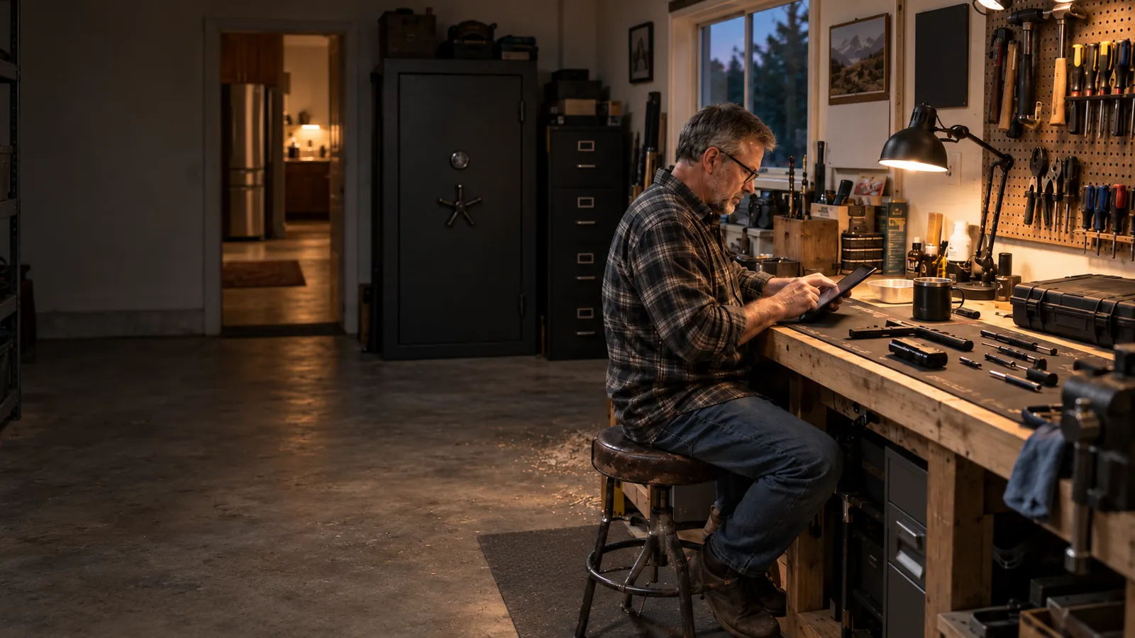 A home-based dealer checking his records on a tablet at the workbench in his garage workshop