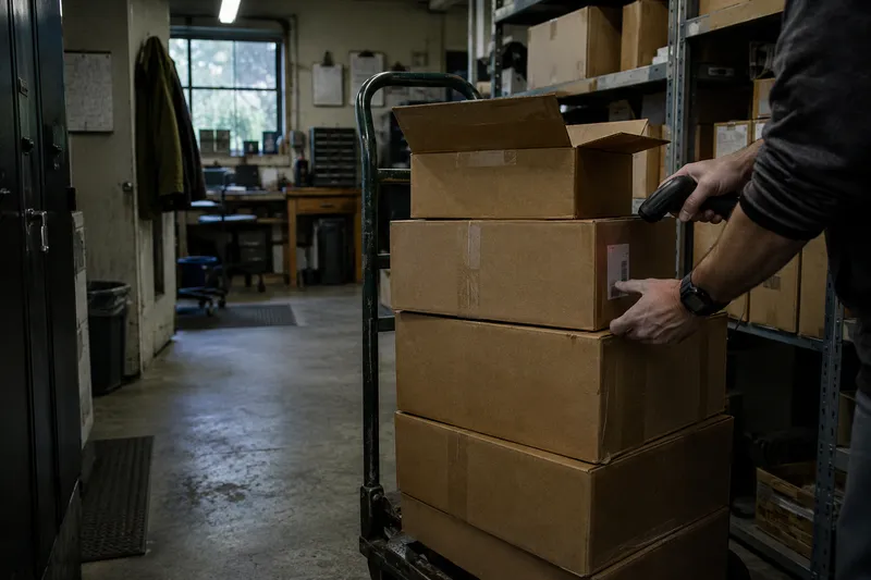 A dealer unloading a distributor shipment onto a hand truck
