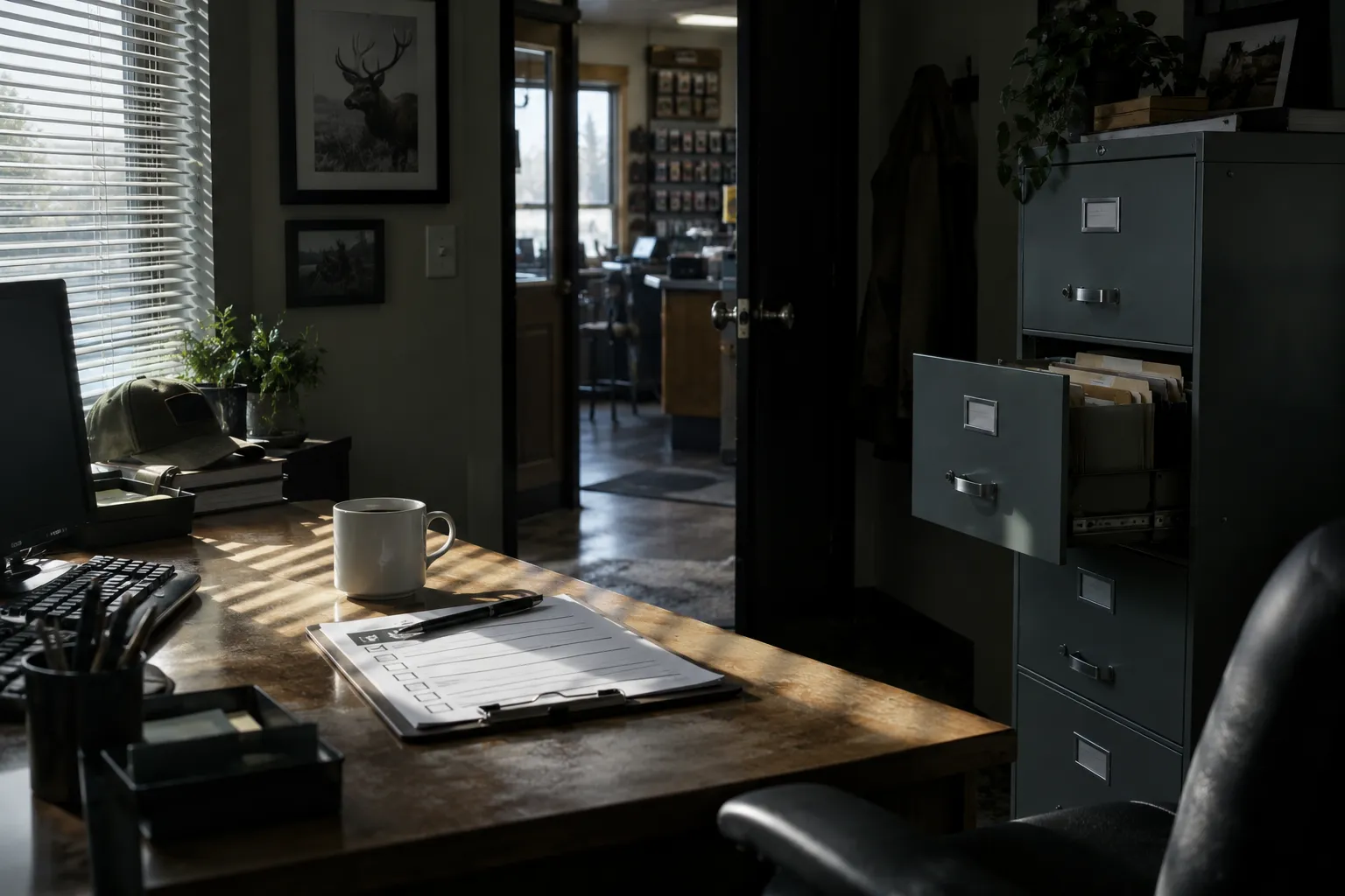 A gun shop back office with a checklist on the desk and an open file cabinet