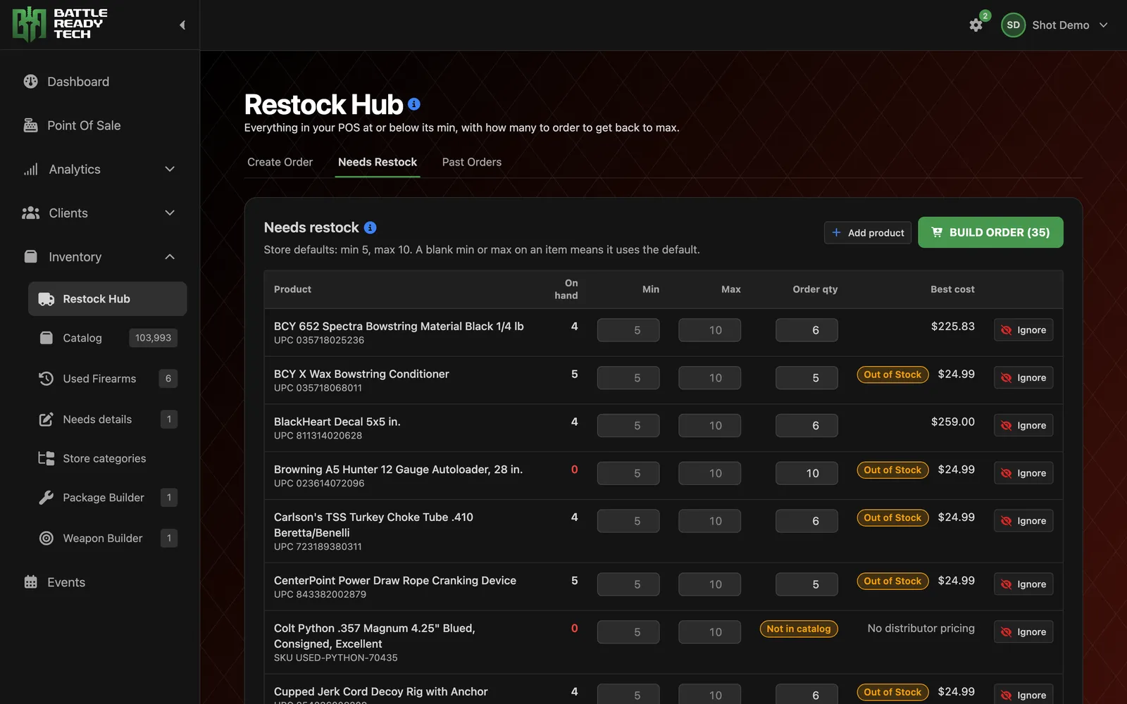 The Omniscient restock hub listing low items with distributor prices