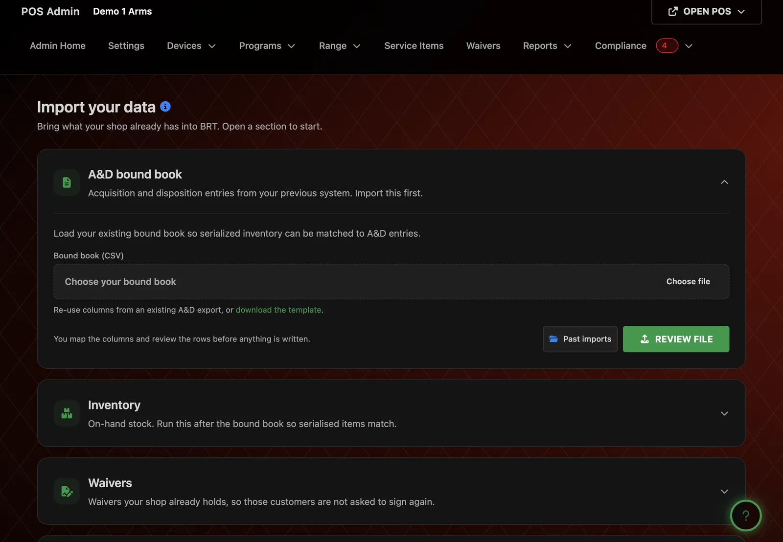Omniscient's import page, with the A&D bound book importer open above inventory and waivers