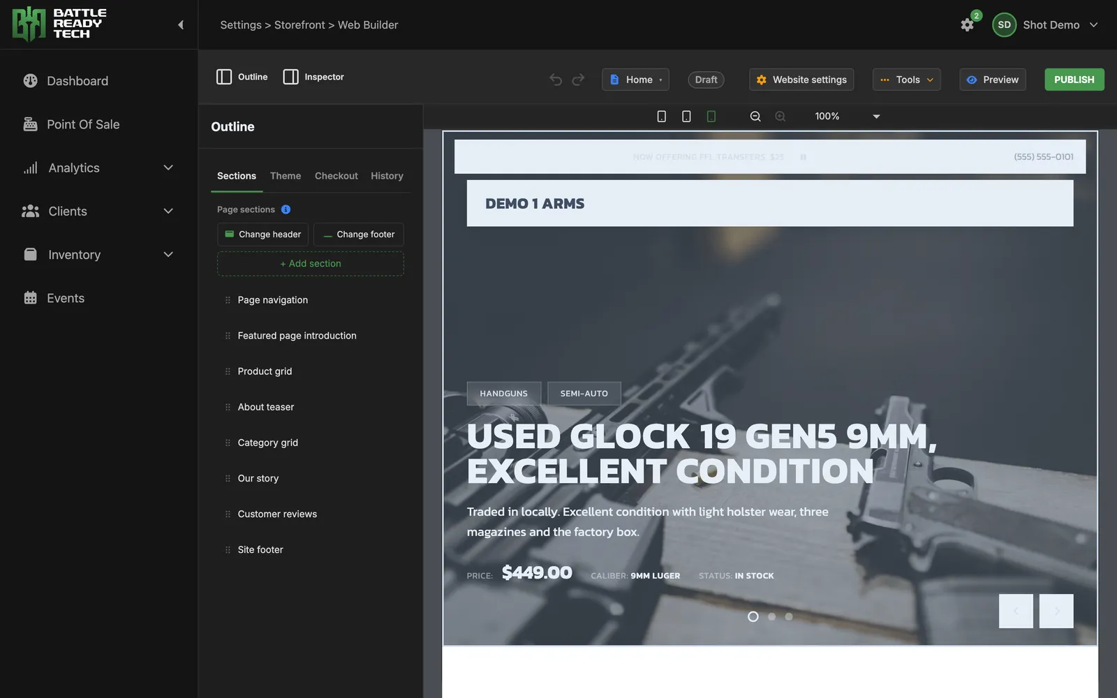 The Omniscient website builder editing a dealer storefront page