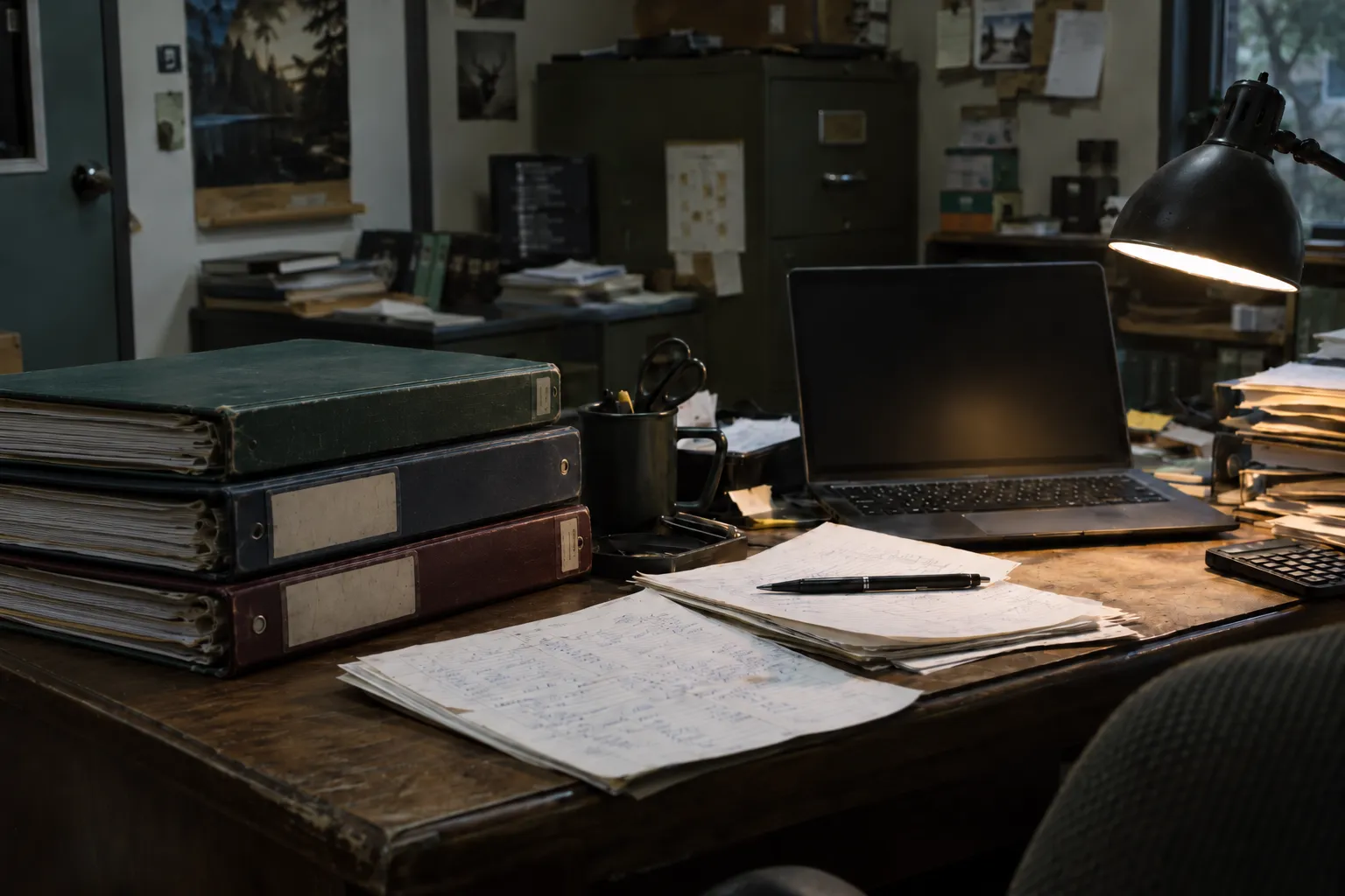 Stacked paper bound books beside a laptop on a gun shop office desk